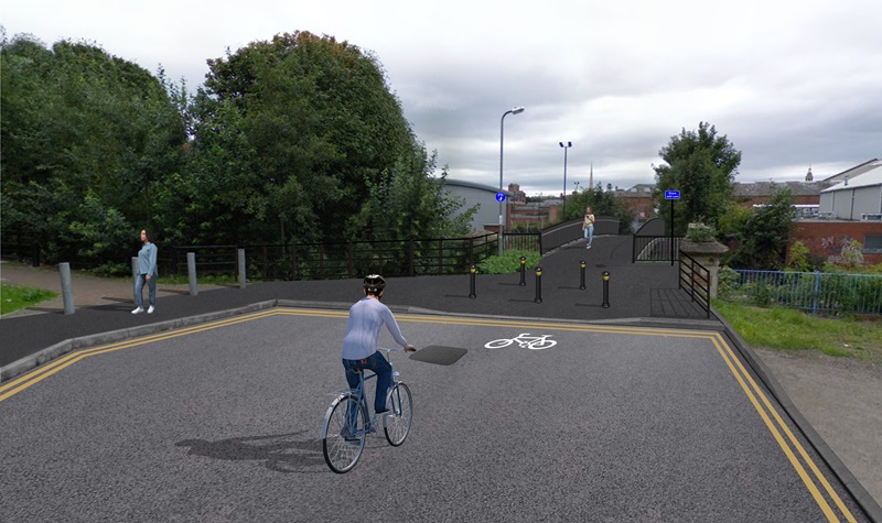 Artists impression of how Cromwell Street will look going towards Shrub Hill with new pavements and cycle path.