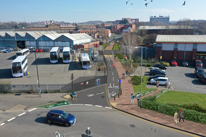 Artists impression of the aerial view of the new foot and cycle path leading past the bus depot towards Shrub Hill.