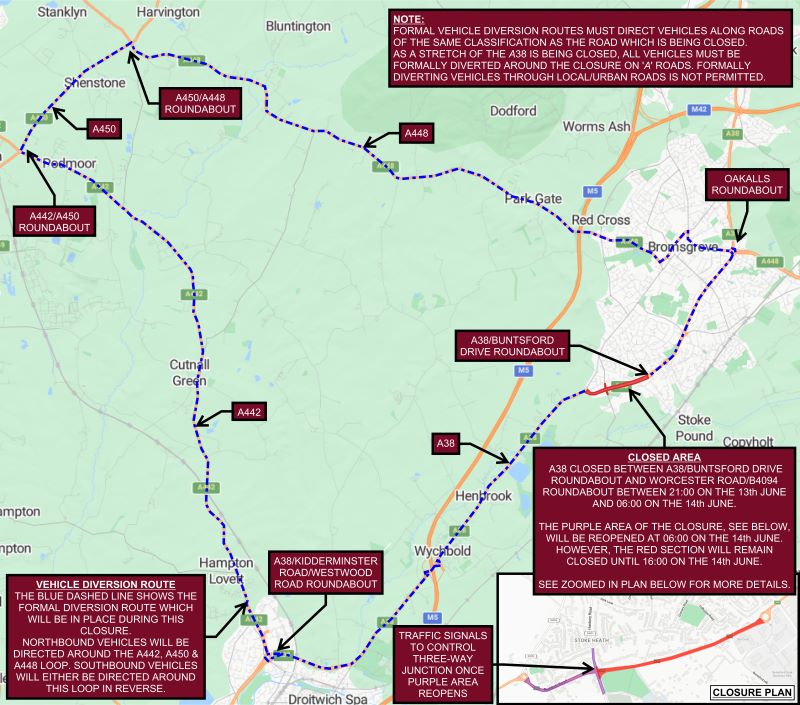 This map shows the section of road that is closed and the diversion route. The section of the A38 that is closed is between the A38/Buntsford Drive Roundabout and the Worcester Road/B4094 Roundabout. This will be between 9pm on the 13th June to 6am on 14th June. Part of the road will reopen at 6am, with the road fully open again at 4pm on 14th June. The diversion will take northbound vehicles around the A442, A450 and A448 loop. Southbound vehicles will be directed around the same loop in reverse.