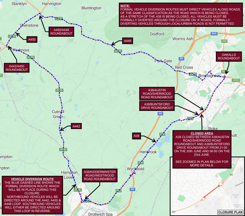 The image shows the diversion route with a blue dashed line directing northbound vehicles around the A442, A450 and A228 loop.&nbsp; Southbound vehicles will be directed around this loop in reverse.