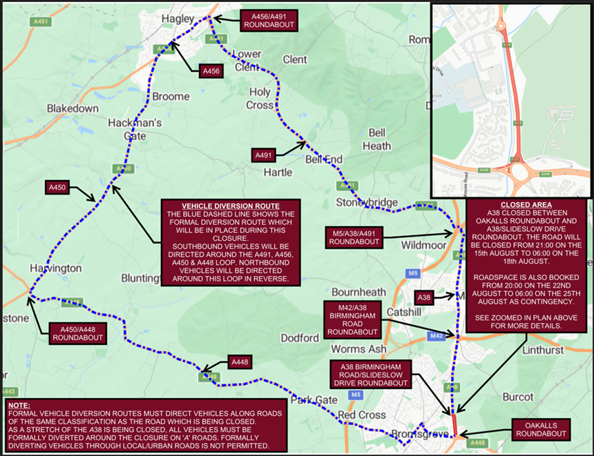  Vehicle diversion route.  The blue dashed line shows the formal diversion route which will be in place during the closure.  SouthbOUND VEHICLES WILL BE DIRECTED AROUND THE A491, A456, A440 & A448 LOOP. Northbound VEHICLES WILL EITHER BE DIRECTED AROUND THIS LOOP IN REVERSE.
