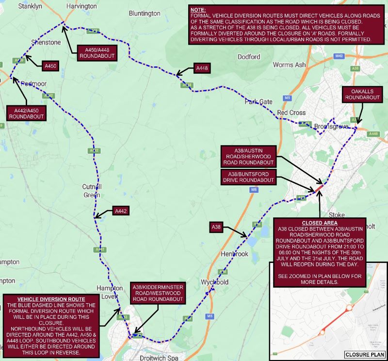 Vehicle diversion route: The blue dotted line sows the formal diversion route which will be in place during this closure. Northbound vehicles will be directed around the A442, A450 and A448 loop. Southbound vehicles will either be directed around this route in reverse.