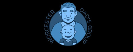 A blue cartoon of a man with a baby. 